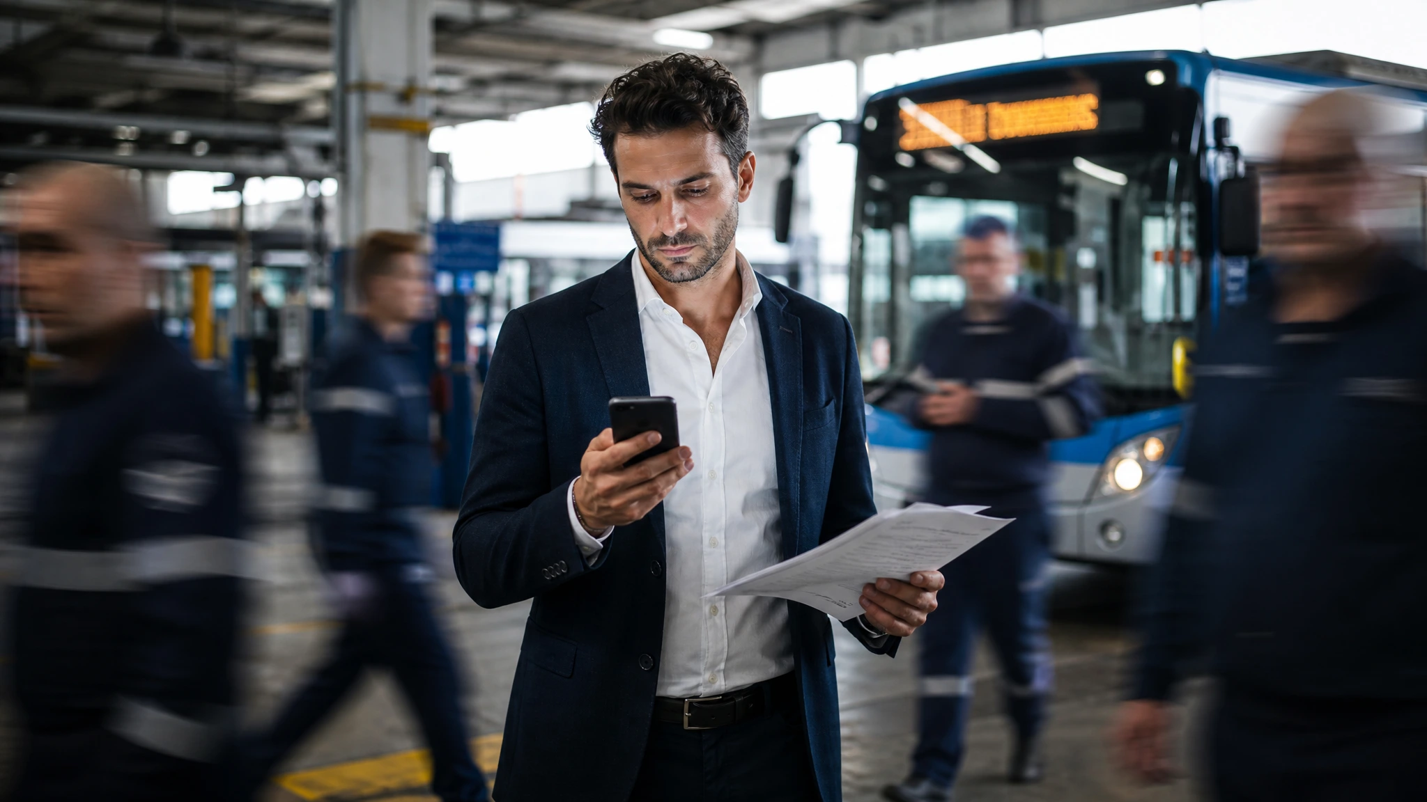 Un uomo tiene in mano dei fogli di carta e guarda il suo cellulare. Dietro di lui le persone in un deposito di autobus si muovono rapidamente grazie all'automazione della raccolta dei dati su tratte e mezzi.
