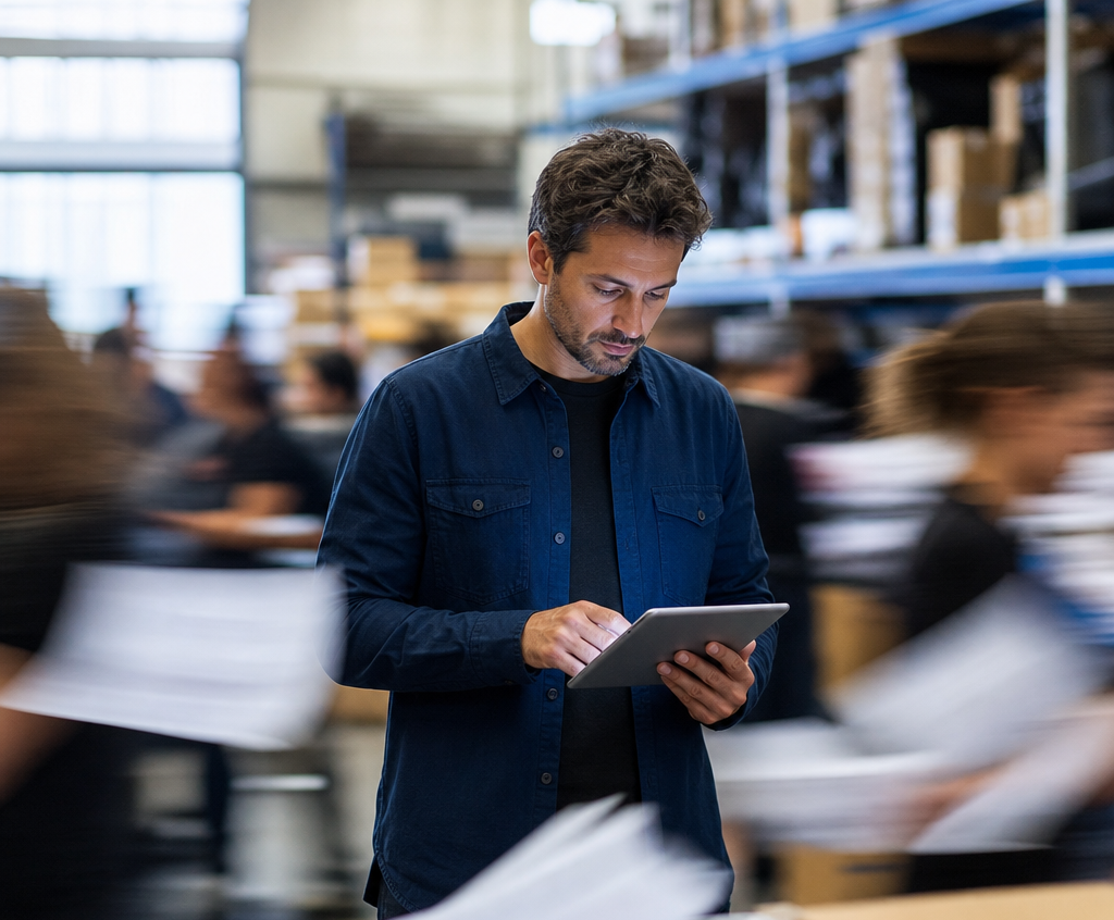 Un uomo in un magazzino logistico, circondato da persone e documenti, consulta i documenti di trasporto comodamente dal suo tablet. Questo rappresenta l'automazione dell'acquisizione e accesso ai dati dei ddt.
