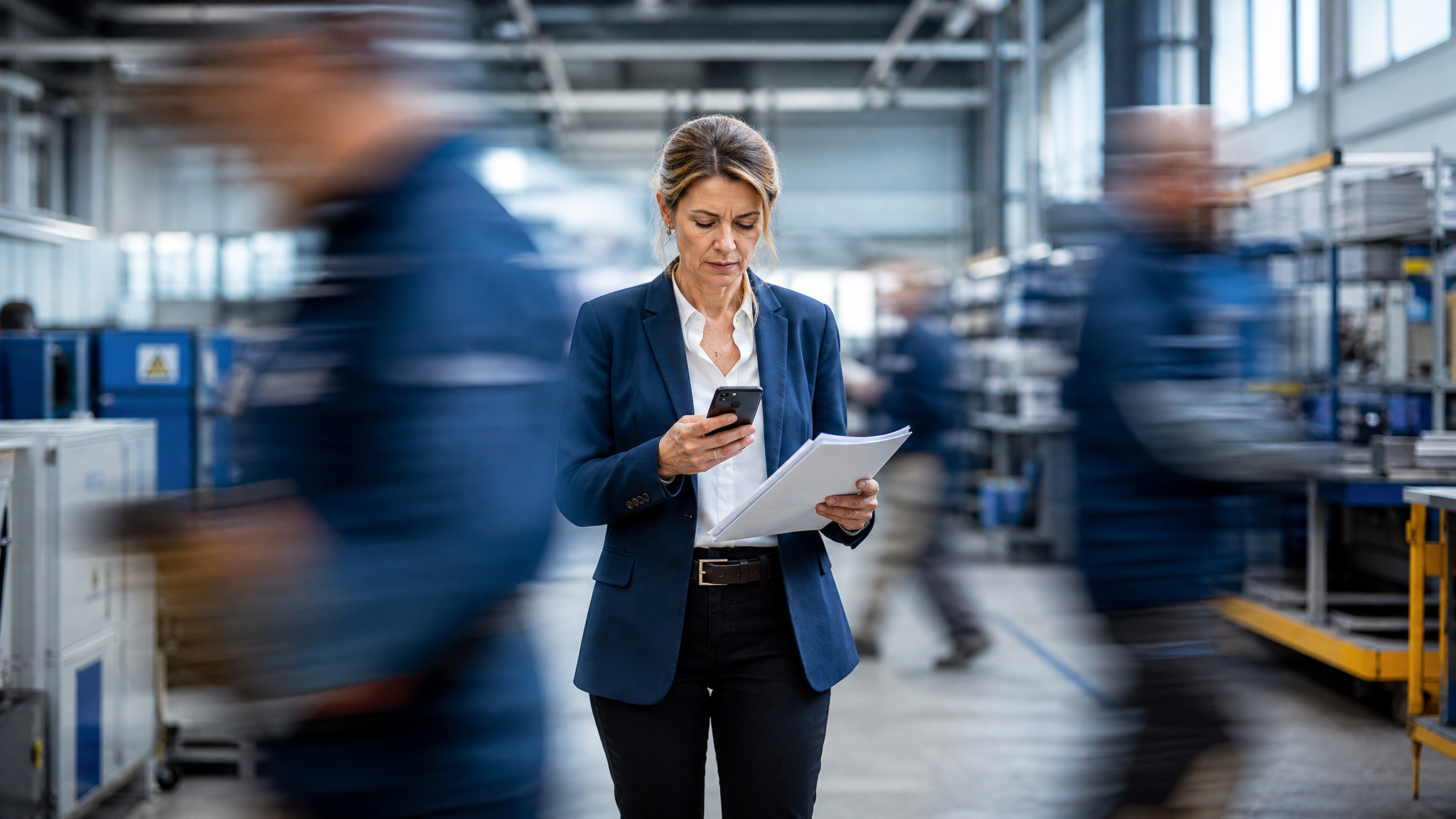una donna al centro di una fabbrica, visualizza dei dati contenuti su schede cartacee. Attorno a lei, le persone si muovono rapidamente a indicare l'automazione dei processi documentali.