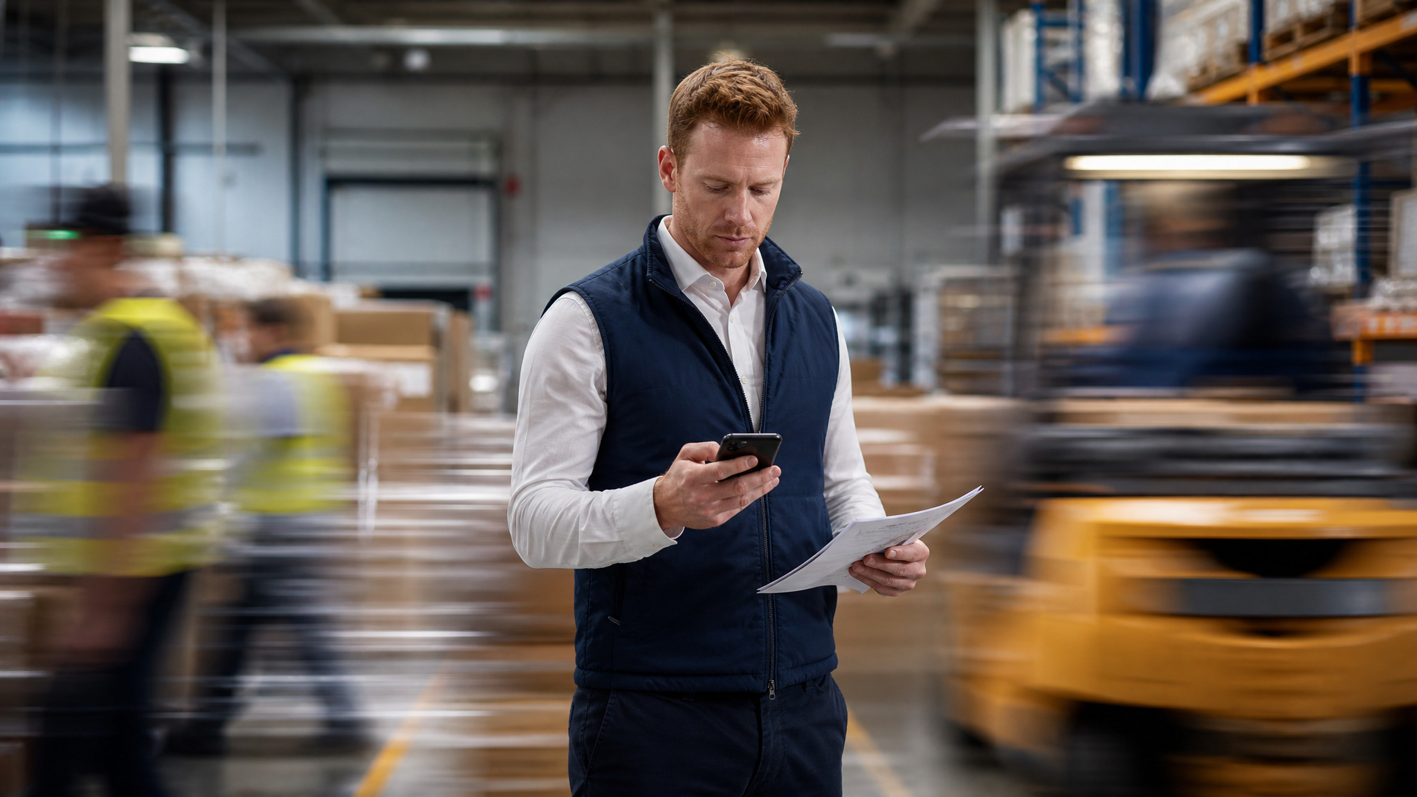 Un uomo visualizza dei dati sul suo smartphone mentre tiene in mano dei fogli operativi che contengono le informazioni sull'andamento delle attività logistiche.