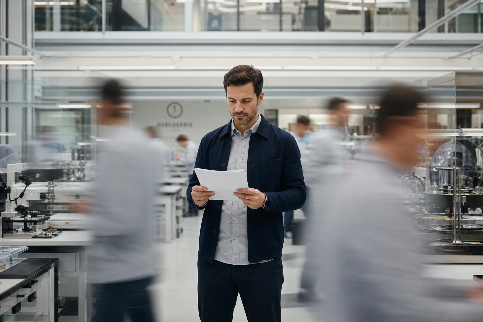Un uomo controlla dei dati su dei moduli cartacei. Attorno a lui, la produzione va avanti rapidamente per significare la digitalizzazione della raccolta dei dati.