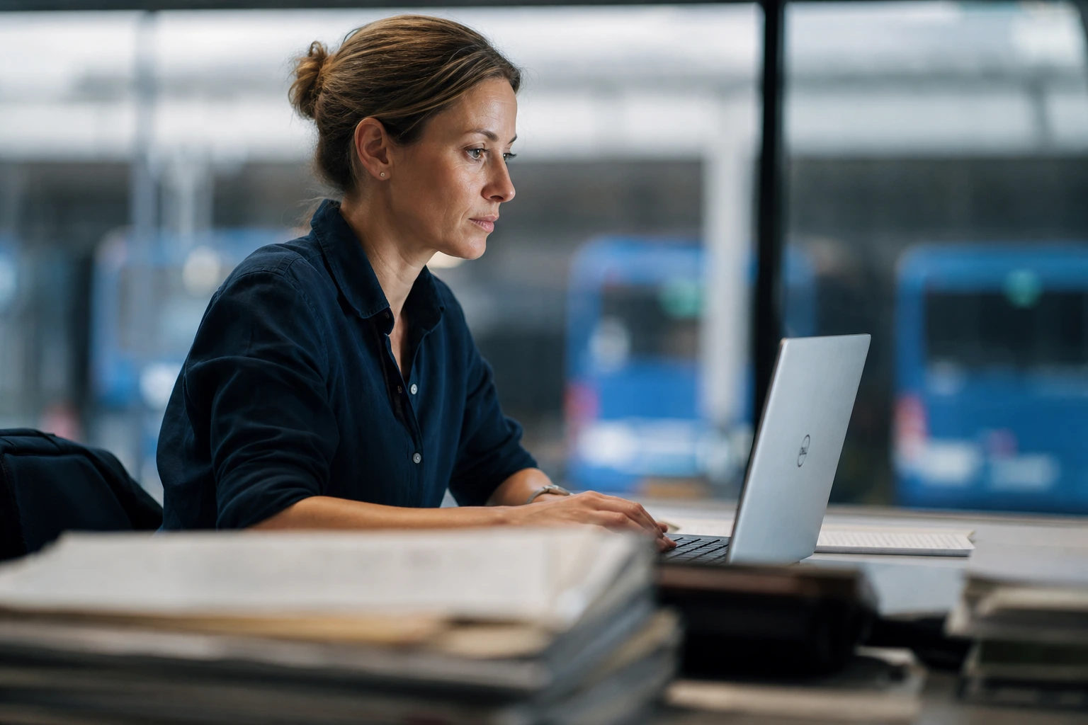 Donna in ufficio che visualizza dei dati sul pc. Dietro di lei, si intravede il magazzino dei mezzi di trasporto. L'immagine vuole simboleggiare il lavoro di una responsabile della manutenzione.