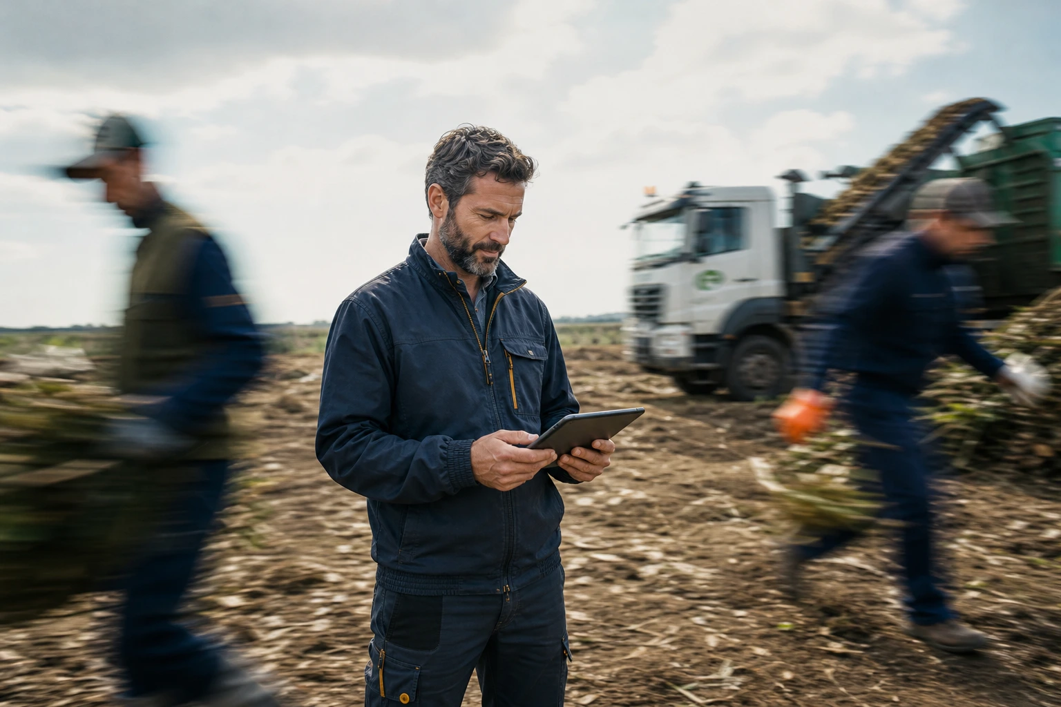 Un operatore ecologico visualizza delle informazioni sul suo tablet riguardanti la raccolta dei rifiuti. Nel frattempo, attorno a lui, gli altri operatori svolgono rapidamente le loro mansioni grazie all'automazione.