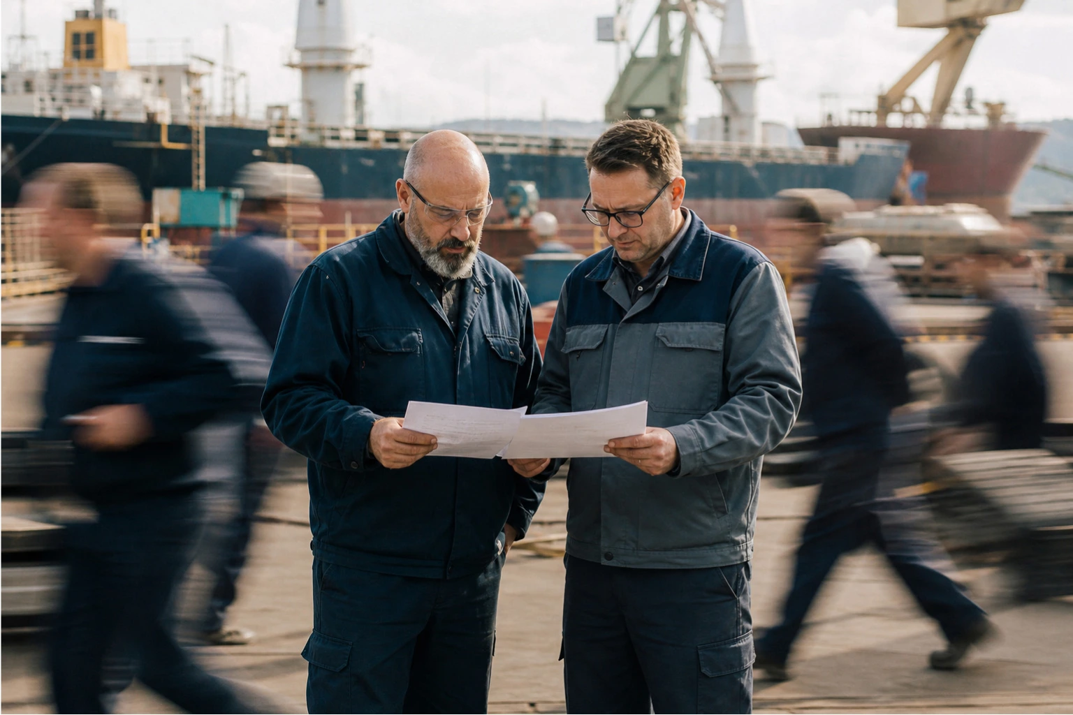 Due operatori di cantiere consultano dei dati di produzione su delle schede cartacee. Attorno a loro, le attività proseguono rapidamente a dimostrare l'accelerazione grazie alla digitalizzazione.