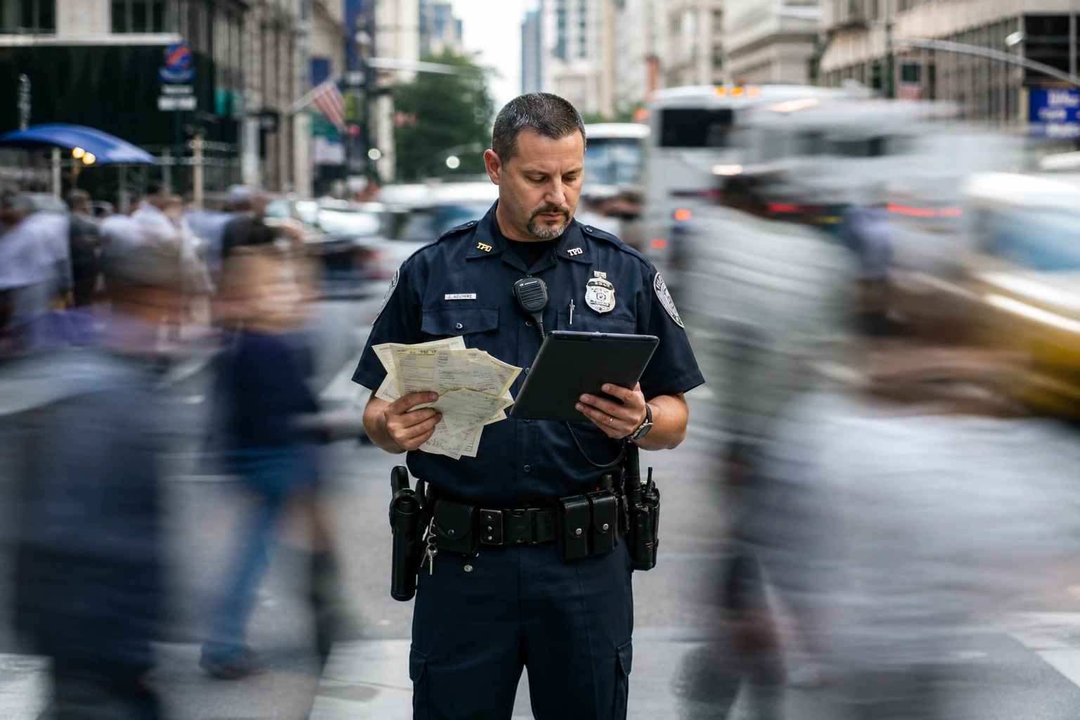 Un poliziotto visualizza dei dati sul suo tablet e tiene in mano le multe effettuate. Attorno a lui persone e mezzi si muovono rapidamente.