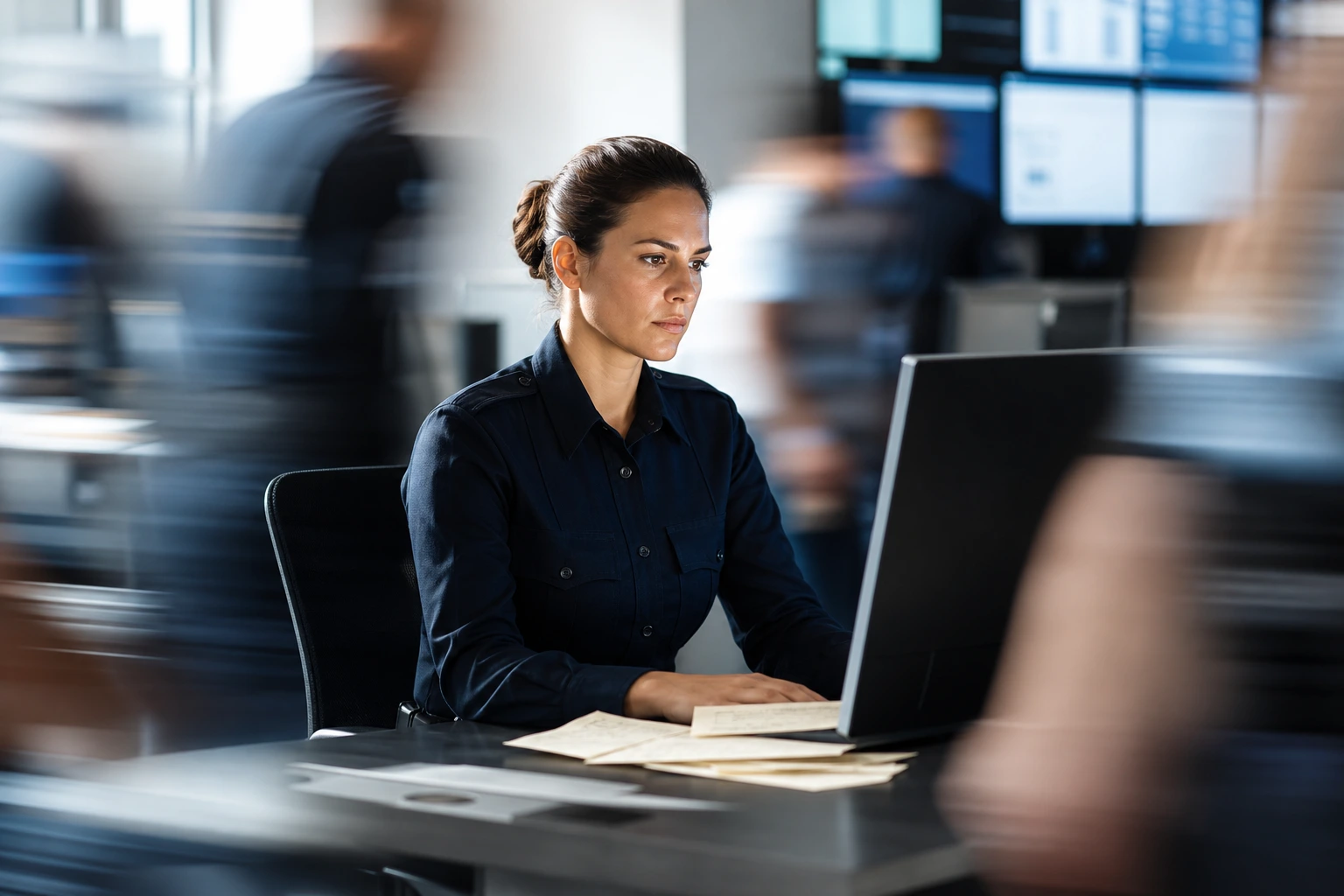Una poliziotta sta visualizzando sul suo pc, i dati digitalizzati delle multe. Attorno a lei le attività sono accelerate.