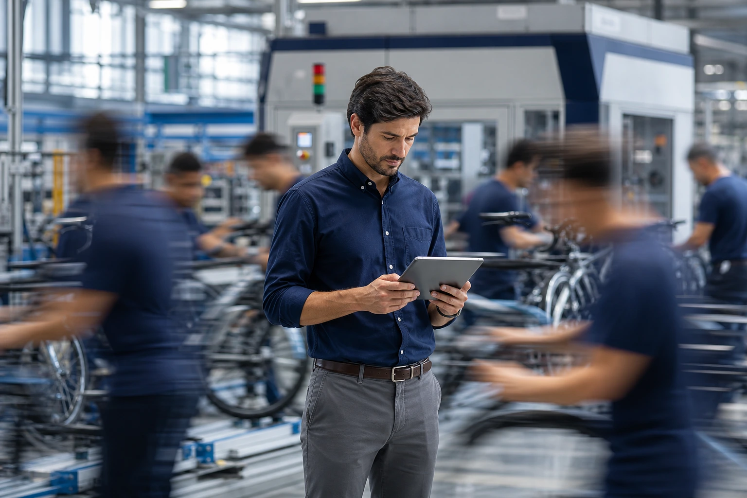 Un responsabile di produzione visualizza delle informazioni sui fermi macchina dal suo tablet grazie all'acquisizione automatica e centralizzazione dei dati di produzione dei vari reparti.