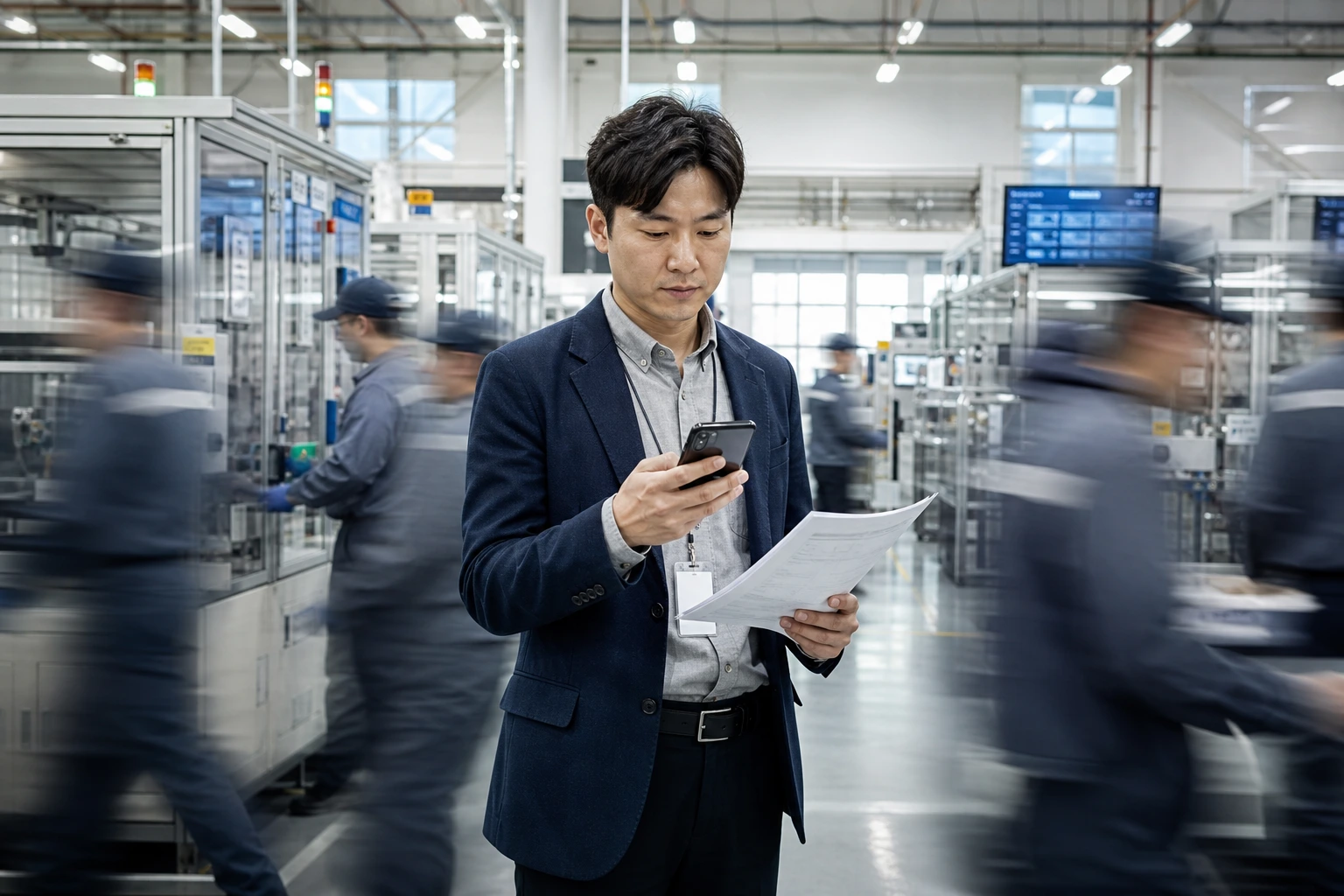 Un uomo controlla i dati di produzione sul suo smartphone acquisiti dalle schede di produzione cartacee che tiene nell'altra mano. Attorno a lui la produzione è accelerata.