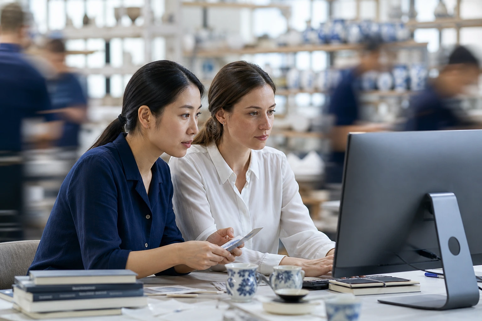 due donne sedute davanti al pc, visualizzano i dati sulla produzione delle porcellane. Attorno a loro le attività produttive vanno più rapidamente grazie alle informazioni digitalizzate subito disponibili.