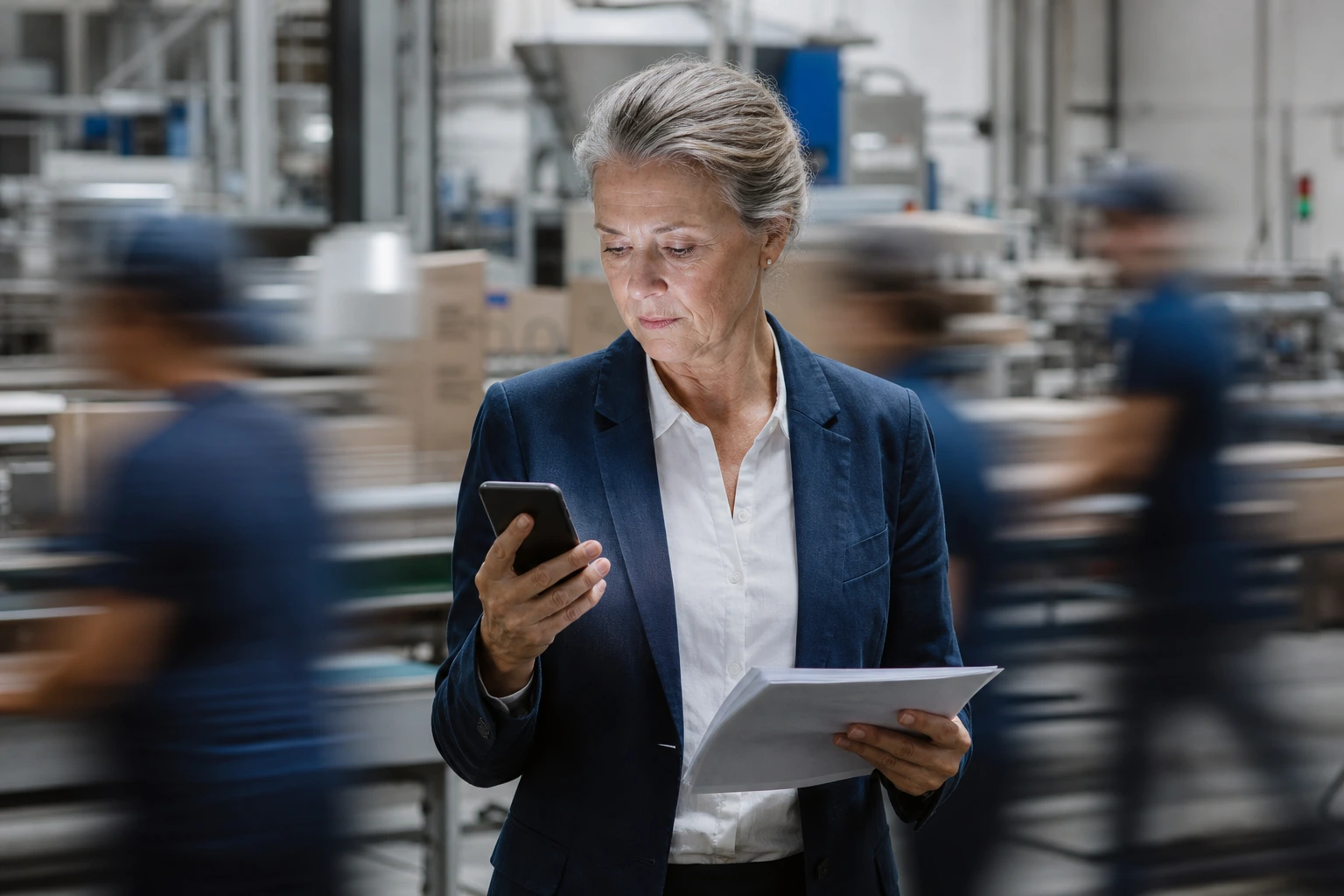 Una responsabile di produzione visualizza le informazioni sulle lavorazioni dal suo smartphone. Attorno a lei la produzione è accelerata.